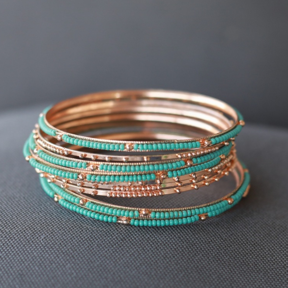 Bohemian style Turquoise and gold plated bangle bracelets, 8 inch.